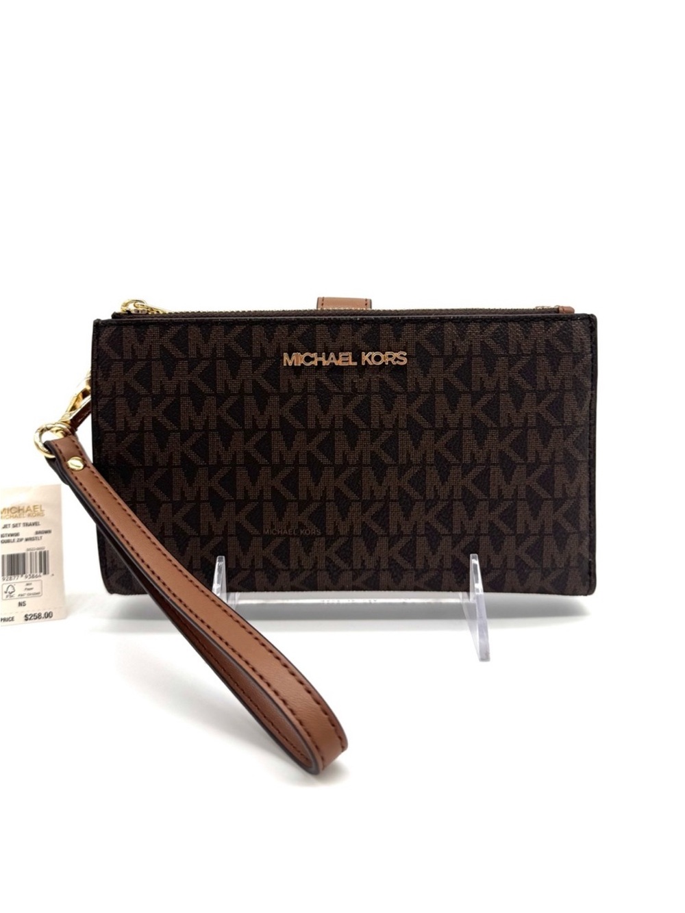 Michael Kors Large Jet Set Travel Logo Double Zip Wallet - Brown Signature